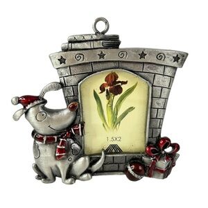 Christmas Ornament Picture Frame Pewter Dog Present by Fireplace